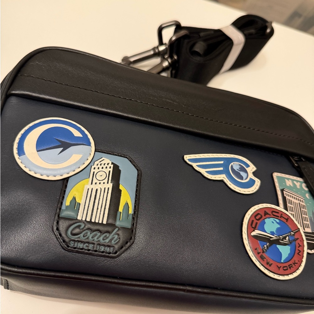 Coach Men’s Crossbody Bag with Travel Patchwork – Black/Navy Leather New! - Picture 7 of 9